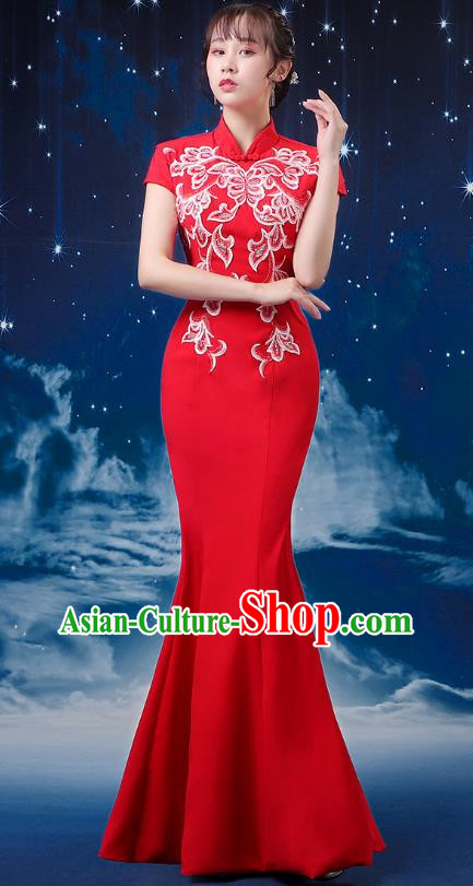 Red Choir Costume Femininity Stage Performance Costume Conductor Catwalk Cheongsam Skirt Fishtail Blue and White Porcelain Dress