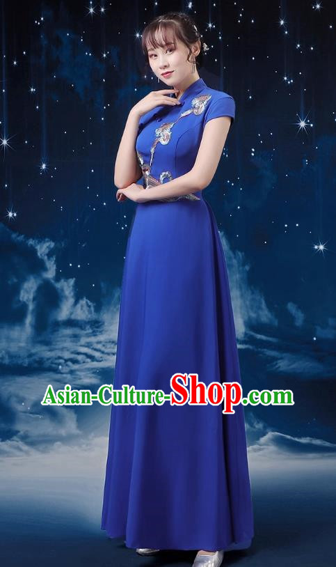 Sapphire Blue Choir Performance Clothing Women Long Skirt Conductor Dress Poetry Recitation Stage Performance Clothing