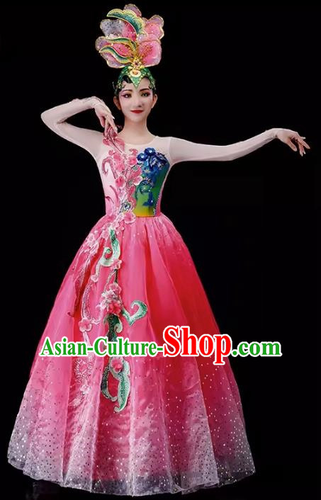 Song Accompaniment Dance Opening Dance Big Swing Skirt Performance Costume Atmospheric Pink Big Swing Skirt Prosperity Flower Blooming Costume