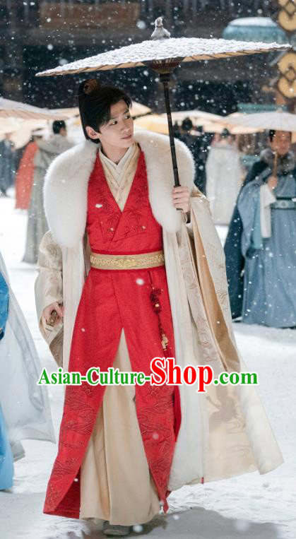 China Song Dynasty Childe Garments Ancient Drama Destined Chang Feng Du Young Master Gu Jiu Si Red Robes and Cloak Complete Set