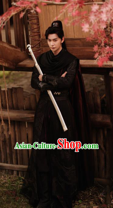 Chinese Ancient Young Warrior Black Outfit Xian Xia Drama The Starry Love Hero La Mu Garment Costumes