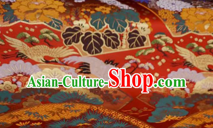 Red Traditional Brocade Fabric Japanese Classical Crane Pattern Design Nishijin Cloth Kimono Drapery