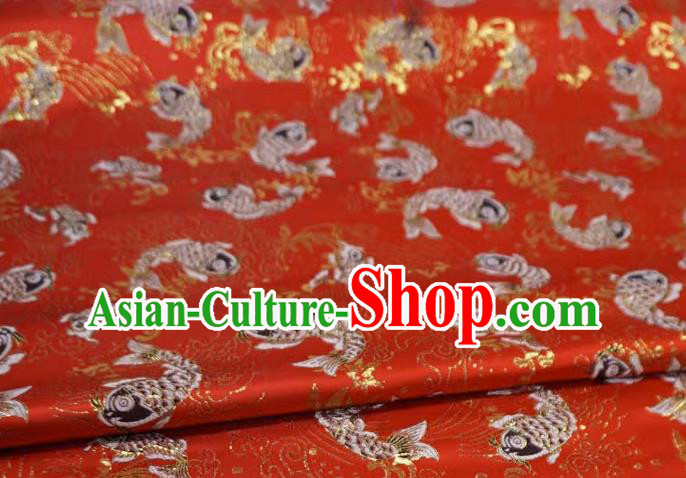 Red Chinese Classical Carps Pattern Material Traditional Design Brocade Fabric New Year Costume Cloth