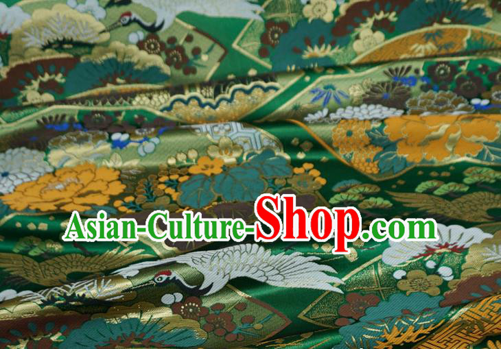 Green Japanese Classical Crane Pattern Design Nishijin Cloth Kimono Drapery Traditional Brocade Fabric