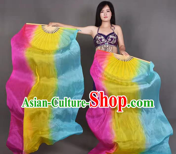 Top Classical Dance Colorful Fan Belly Dance Fan Handmade Pure Silk Long Ribbon Fan
