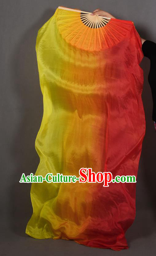 Handmade Pure Silk Long Ribbon Fan Top Classical Dance Gradient Yellow to Red Fan Belly Dance Fan