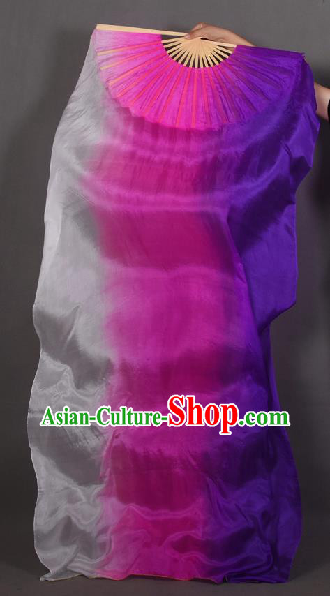 Top Classical Dance Gradient White to Purple Fan Handmade Belly Dance Fan Pure Silk Long Ribbon Fan