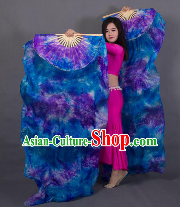 Top Pure Silk Long Ribbon Fan Classical Dance Blue Fan Handmade Tie Dye Belly Dance Fan