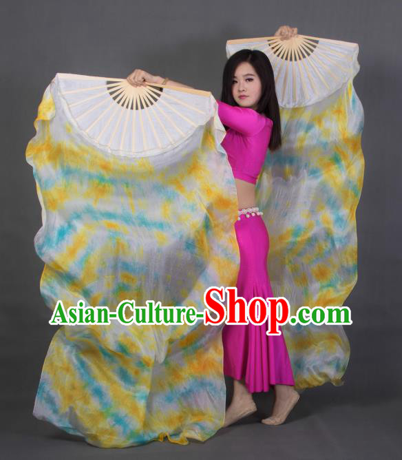 Handmade Classical Dance White Fan Tie Dye Belly Dance Fan Top Pure Silk Long Ribbon Fan
