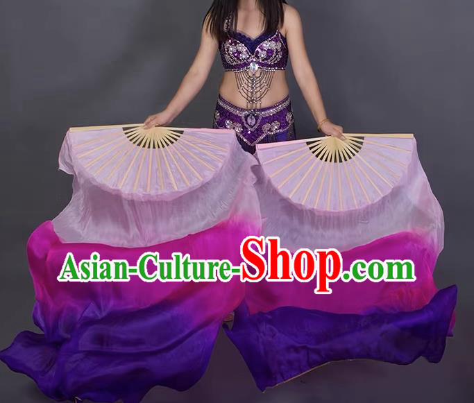 China Classical Dance Fan Top Belly Dance Long Ribbon Fan Handmade Gradient Pink to Purple Pure Silk Fan