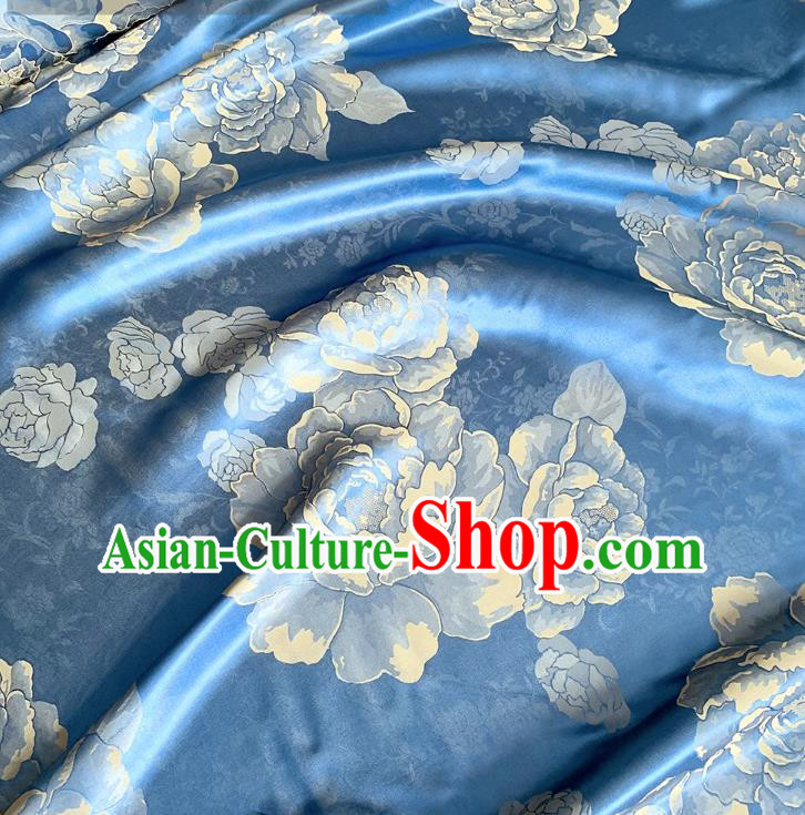 Blue and Golden China Jacquard Satin Fabric Traditional Peony Design Cloth Cheongsam Mulberry Silk Material