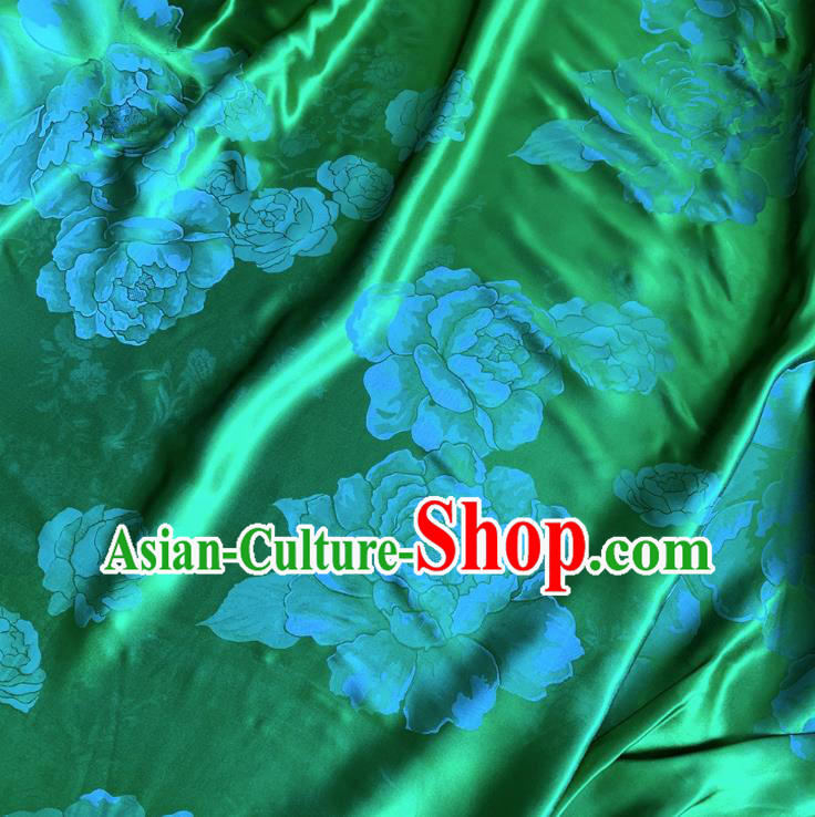 Deep Green China Jacquard Satin Fabric Traditional Peony Design Cloth Cheongsam Mulberry Silk Material