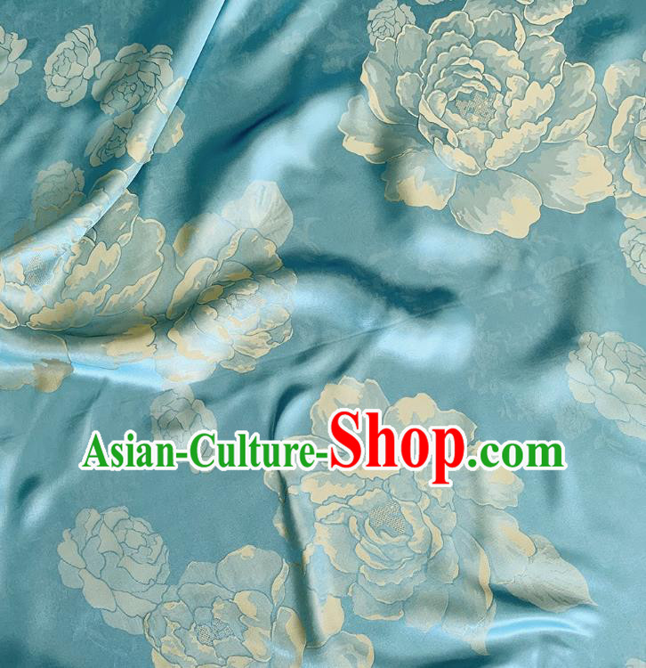 Light Blue and Golden China Mulberry Silk Material Jacquard Satin Fabric Traditional Peony Design Cheongsam Cloth
