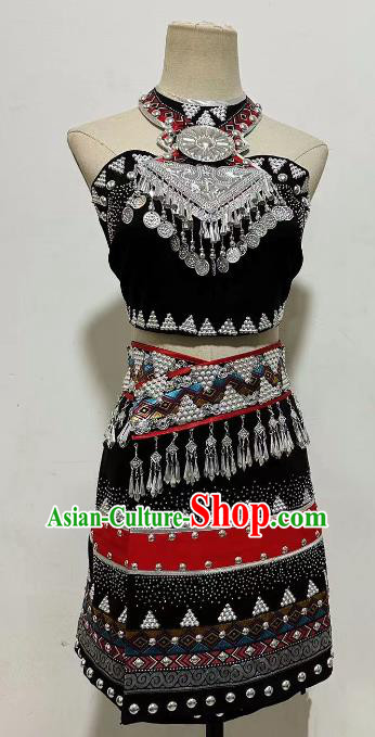 Professional Ethnic Woman Dancing Clothing China Stage Performance Costume Wa Nationality Dance Black Outfit