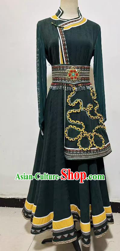 China Mongolian Woman Clothing Professional Ethnic Stage Performance Costume Mongol Nationality Dance Dark Green Dress