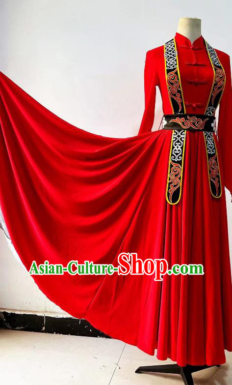 China Mongol Nationality Dance Red Dress Ethnic Woman Dance Clothing Professional Mongolian Stage Performance Costume