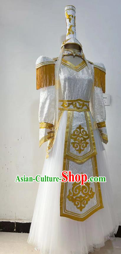 Professional Mongolian Wedding Clothing Ethnic Stage Performance Costume China Mongol Nationality Dance White Dress