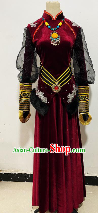 Professional Stage Performance Clothing Chinese Mongol Nationality Dance Wine Red Dress Mongolian Ethnic Woman Costume