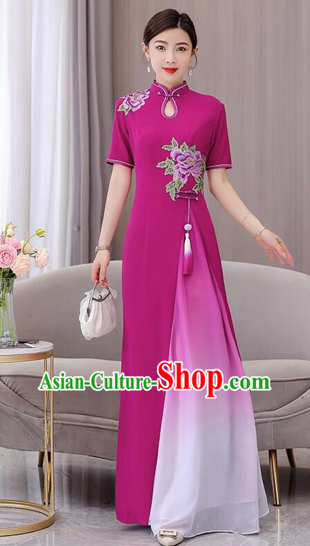 Chinese Embroidered Peony Aodai Dress National Clothing Long Cheongsam Modern Fancywork Megenta Qipao