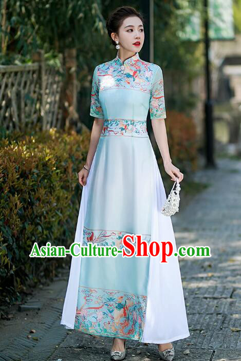 Chinese National Clothing Printing Cheongsam Classical Light Blue Long Qipao Stage Aodai Dress