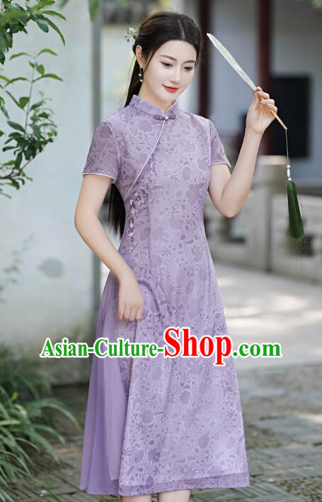 Chinese Summer Purple Cheongsam Classical Qipao Aodai Dress National Clothing