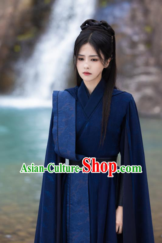 China Ancient Swordswoman Garment Costumes Xianxia Drama Till The End of The Moon Heroine Sang Jiu Dark Blue Outfit