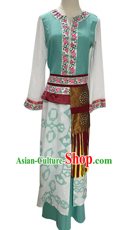 China Taoli Cup Dance Competition Clothing Folk Dance Green Outfit Yao Nationality Woman Stage Performance Costume