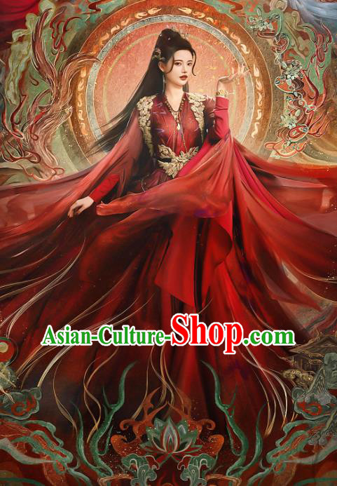 China Ancient Nine Tails Fox Fairy Costumes Till The End of The Moon Xianxia Drama Swordswoman Pian Ran Red Dresses Clothing