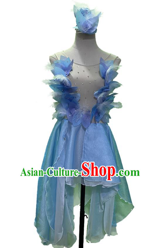 China Classical Dance Blue Dress Woman Solo Stage Performance Costume Dance Competition You Rooster Feather Clothing
