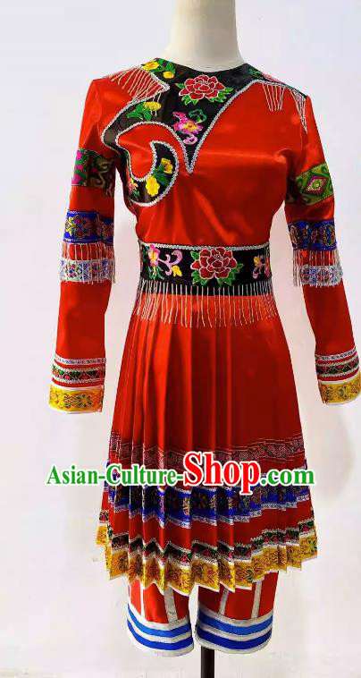 China Woman Solo Stage Performance Costume Hmong Ethnic Wedding Clothing Miao Nationality Folk Dance Red Dress