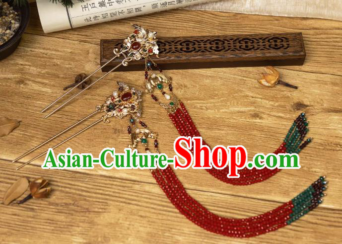 China Handmade Tang Dynasty Red Tassel Hairpins Hanfu Wedding Headpieces Ancient Empress Hair Jewelries