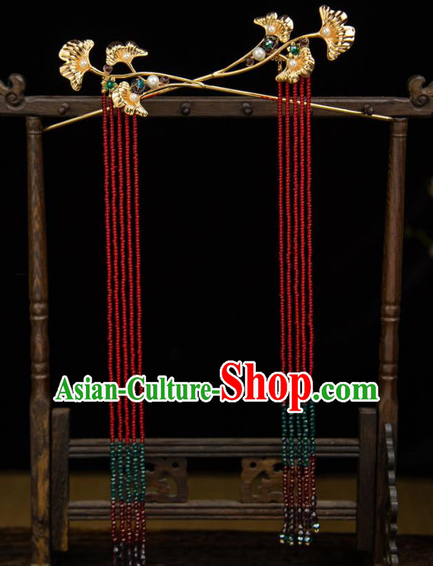 China Ancient Empress Hair Jewelries Handmade Tang Dynasty Red Tassel Hairpins Hanfu Wedding Ginkgo Leaf Headpieces