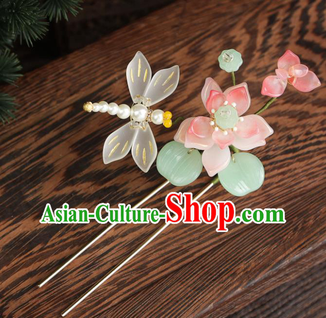 China Ancient Princess Hair Jewelry Handmade Song Dynasty Lotus Dragonfly Hairpin Hanfu Hair Stick