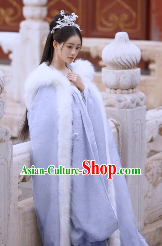 China Winter Hanfu Clothing Ancient Princess Costumes Romantic TV Series Miss The Dragon Goddess Liu Ying Lilac Dress and Cloak