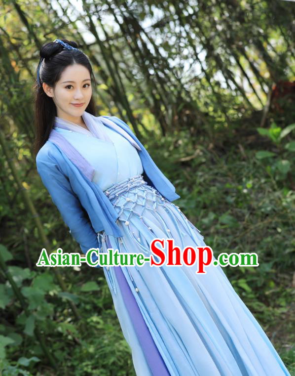 Romantic TV Series Miss The Dragon Goddess Liu Ying Blue Dress China Young Lady Hanfu Clothing Ancient Swordswoman Costumes