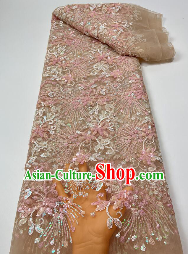 Top Pink Flower Embroidery Material Thailand Lace Fabric Wedding Dress Sequin Beads Cloth