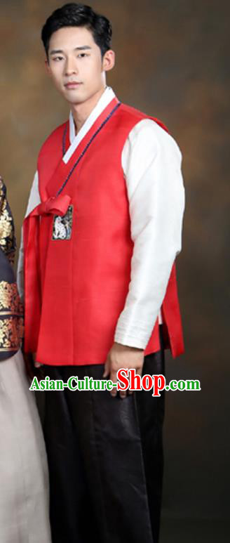 Korean Ancient Groom Clothing Traditional Wedding Costume Handmade Court Hanbok Red Vest White Shirt Top and Black Pants Complete Set