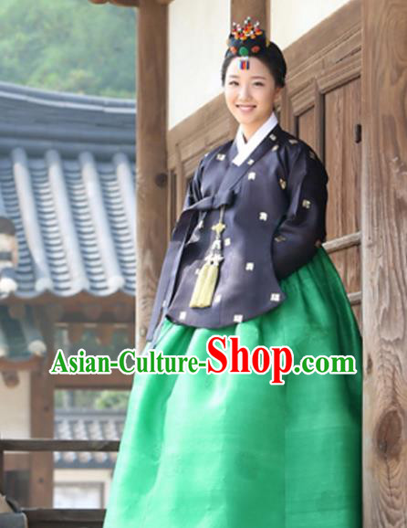 Handmade Court Hanbok Black Top and Green Dress Korean Ancient Bride Clothing Traditional Costumes Complete Set