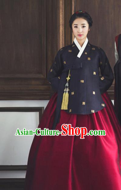 Traditional Woman Costumes Korean Ancient Bride Clothing Handmade Court Hanbok Black Top and Red Dress Complete Set