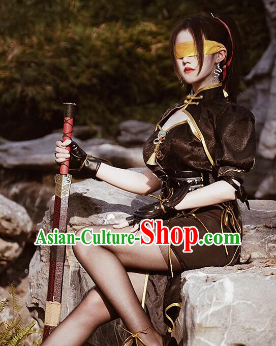 Handmade Woman Sexy Qipao Cosplay Costume Naraka Bladepoint Female Knight Black Dress