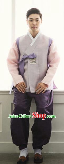 Korean Ancient Groom Clothing Handmade Male Hanbok Lilac Vest Pink Top and Purple Pants Traditional Costumes Complete Set