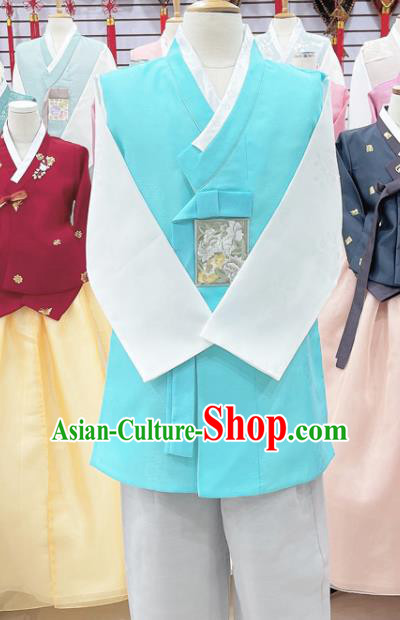 Korean Traditional Stage Performance Costumes Handmade Male Hanbok Ancient Groom Blue Outfit Clothing Complete Set