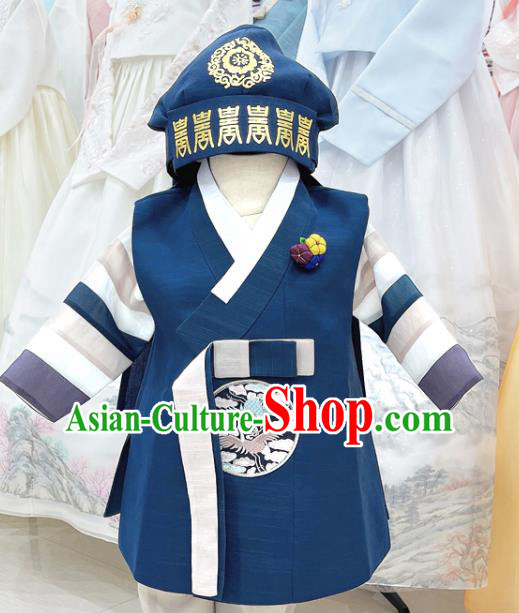 Handmade Children Hanbok Korean Traditional Boy Costumes Birthday Unniversary Outfit Blue Shirt and Pants Complete Set