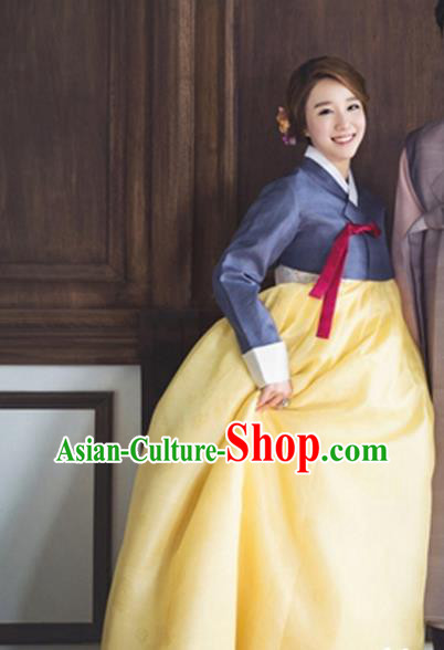 Korean Ancient Bride Clothing Handmade Traditional Costumes Court Hanbok Navy Top and Yellow Dress Complete Set