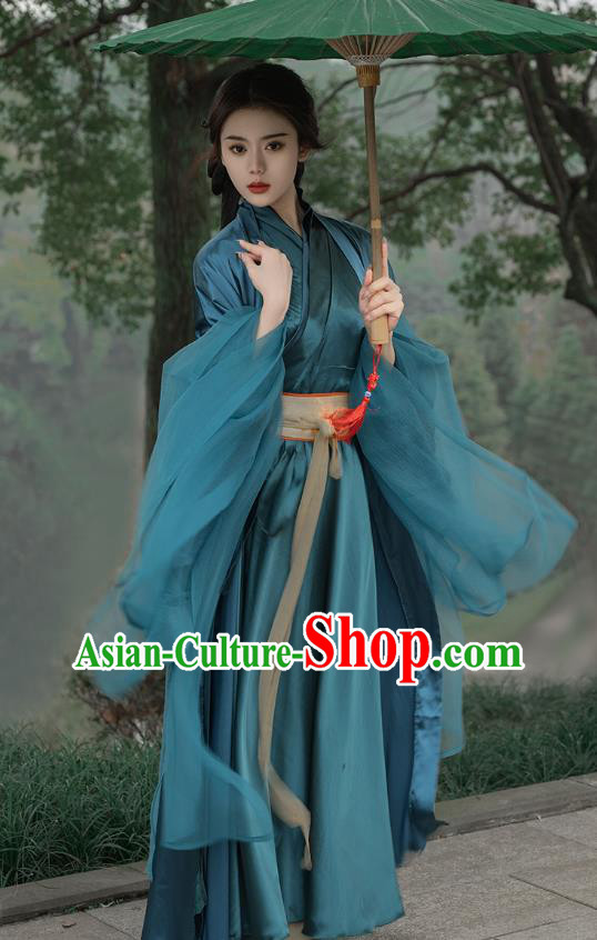 China Traditional Hanfu Dark Green Dresses Southern and Northern Dynasties Young Woman Costumes Ancient Female Swordsman Clothing