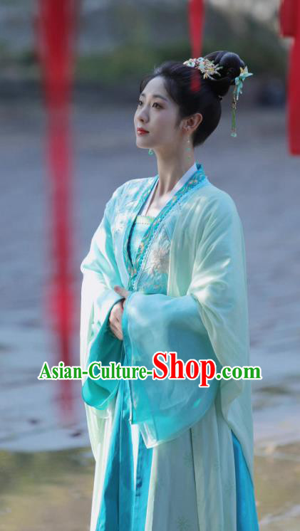 China Ancient Noble Lady Historical Costumes Blue Hanfu Dresses Drama Lost Track of Time Lu Xin Ran Clothing