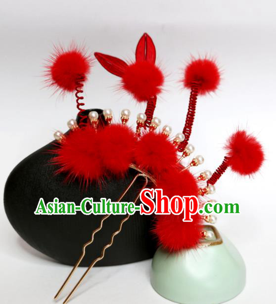 China Ming Dynasty Princess Hairpin Handmade Hanfu Red Rabbit Hair Stick Ancient Young Woman Hair Jewelry