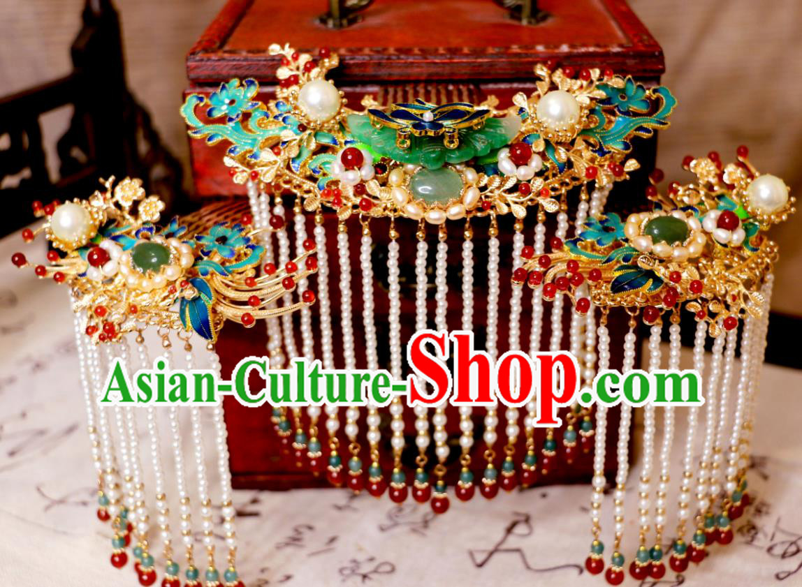 China Ming Dynasty Noble Woman Hair Crown and Hairpins Handmade Hanfu Jade Hair Jewelries Ancient Empress Headdress