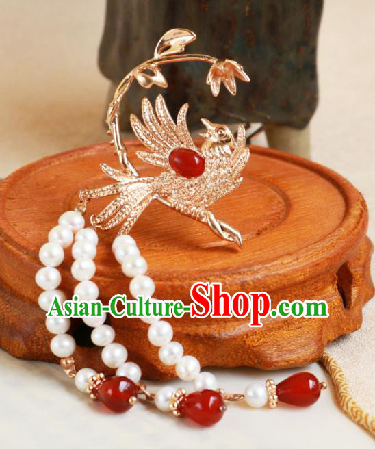 China Handmade Hanfu Golden Hair Stick Ancient Empress Phoenix Hairpin Ming Dynasty Noble Woman Hair Jewelry