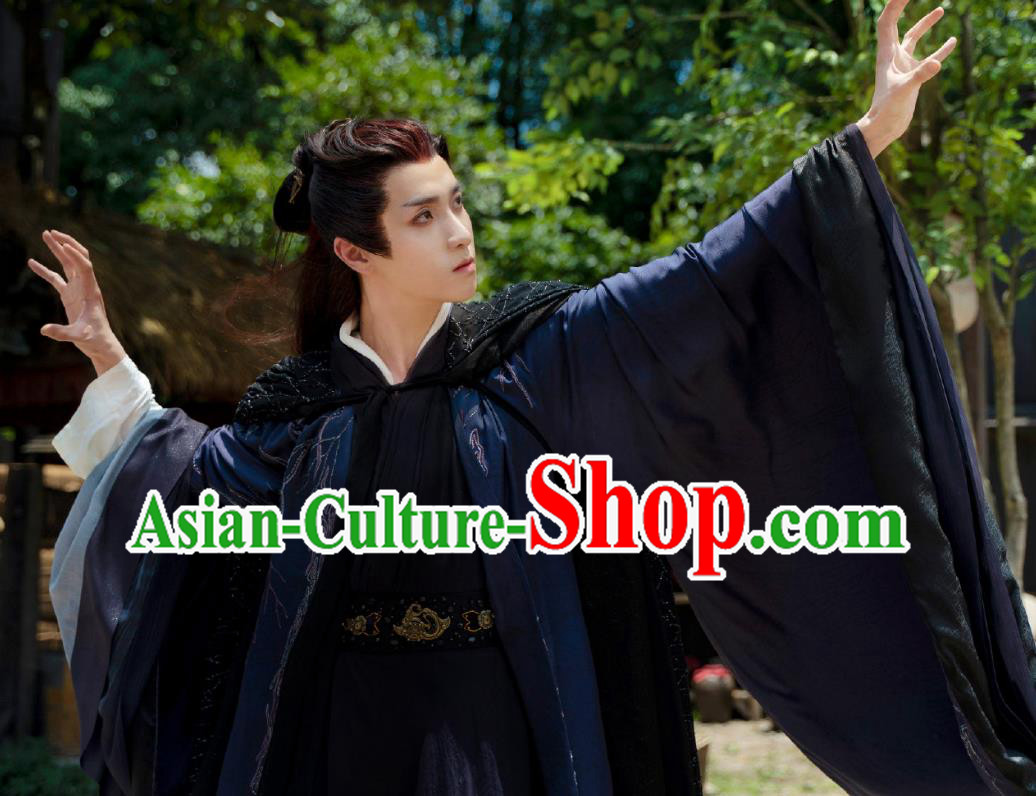 China Ancient Swordsman Dark Blue Costumes Drama Chong Zi Demon King Tian Zhi Xie Clothing